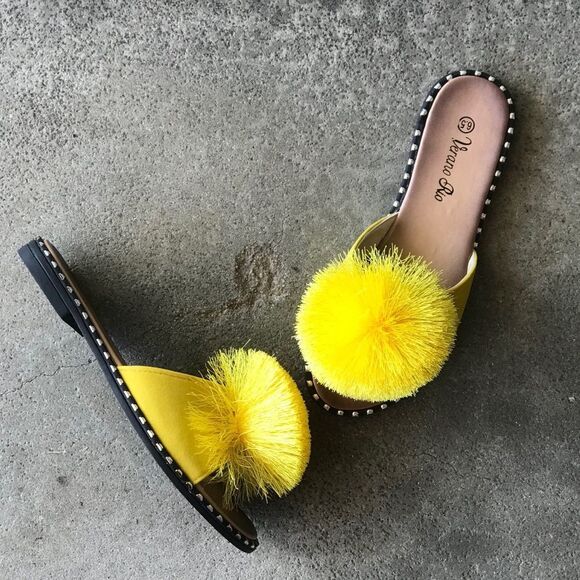 RESTOCK! Fun Yellow Pom Stud Slide On Padded Mule Sandals - Picture 11 of 15